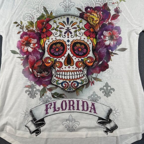 Sweet Gisele Womens Medium Sugar Skull Open Cold Shoulder SS Tee White Florida - Picture 2 of 6
